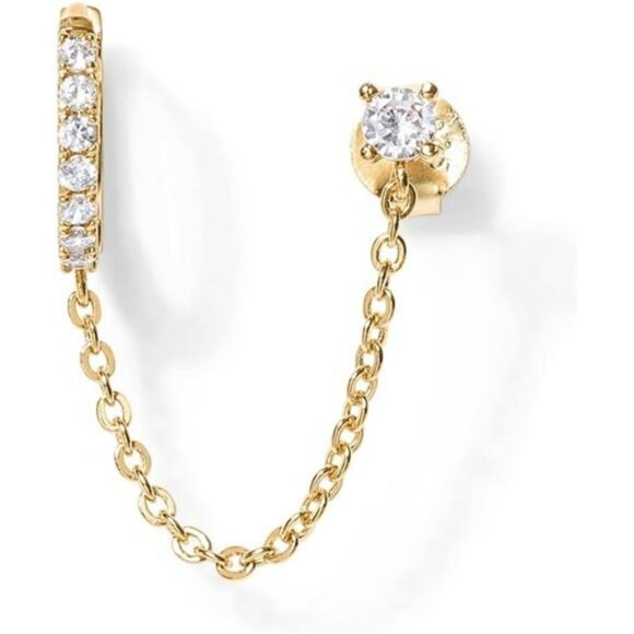 Gold chain earrings double piercing huggie hoop stud cubic zirconia cuff - Picture 3 of 6